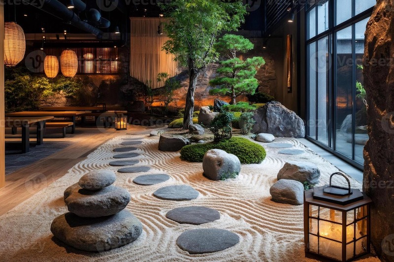 Nhà hàng Nhật Bản phong cách Zen Garden (Vườn đá khô) tạo không gian tĩnh lặng với tiểu cảnh đá, sỏi, cát và bonsai, mang tinh thần Zen rõ rệt 