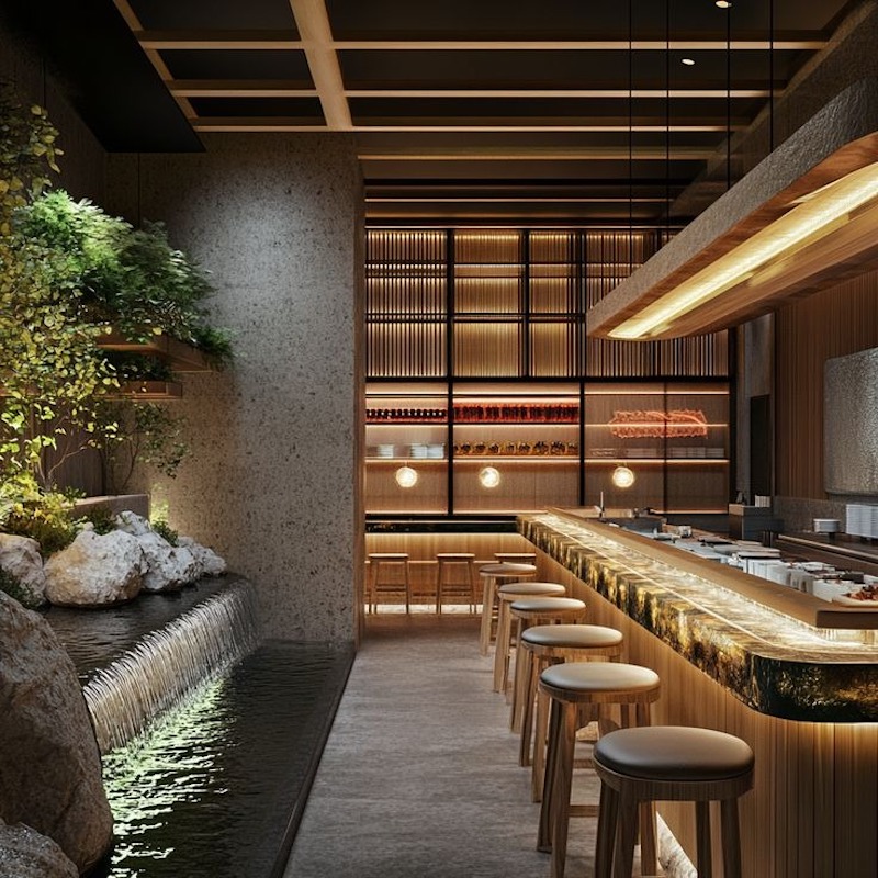 Ánh sáng trong nhà hàng Nhật Bản phong cách Zen Garden thường là dịu, gián tiếp, kết hợp ánh sáng tự nhiên để tôn lên các tiểu cảnh Zen 