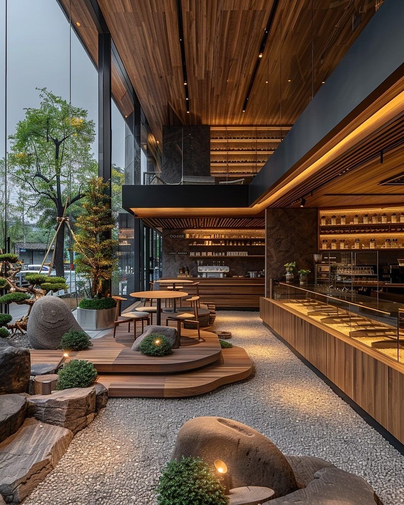 Lối đi lát sỏi và đá trong nhà hàng Nhật Bản phong cách Zen Garden không chỉ thẩm mỹ mà còn hướng dẫn khách di chuyển theo dòng chảy tự nhiên 