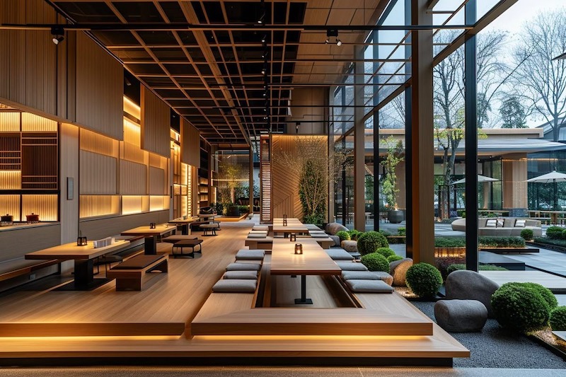 Nội thất tối giản trong nhà hàng Nhật Bản phong cách Zen Garden gồm bàn thấp, ghế Zaisu, ưu tiên sự thoải mái và tĩnh tại cho thực khách 