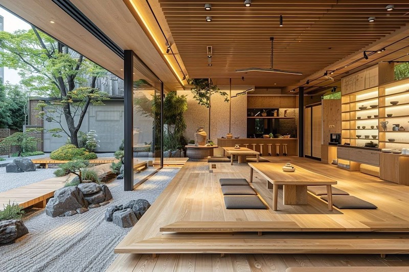 Màu sắc trung tính, tự nhiên trong nhà hàng Nhật Bản phong cách Zen Garden như trắng, be, nâu gỗ và xám làm nổi bật tinh thần giản dị và thanh tịnh 