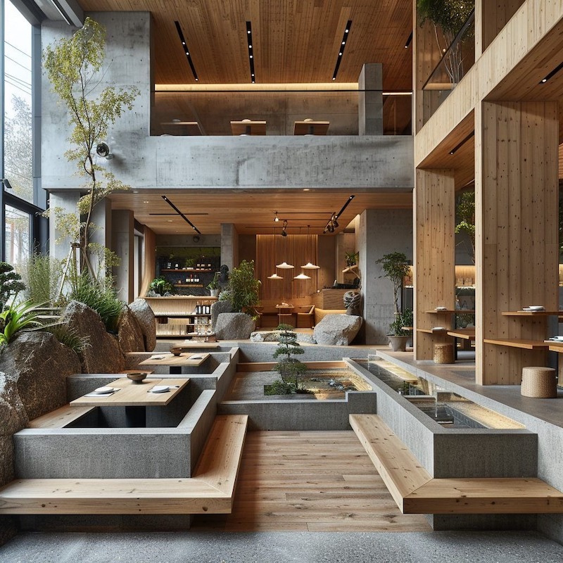 Trong thiết kế nhà hàng Nhật, màu sắc trung tính kết hợp ánh sáng ấm dịu, gián tiếp, đèn lồng và ánh sáng tự nhiên tạo không gian thanh bình, tinh tế 