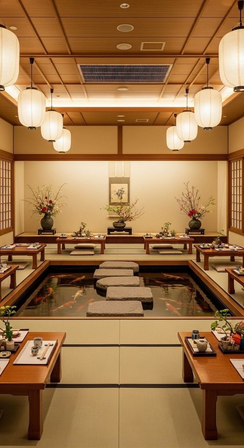 Chi tiết trang trí như bình Ikebana, tranh thủy mặc, thư pháp trong nhà hàng Nhật Bản phong cách truyền thống (Washitsu) làm nổi bật tinh thần Zen và sự tinh xảo 