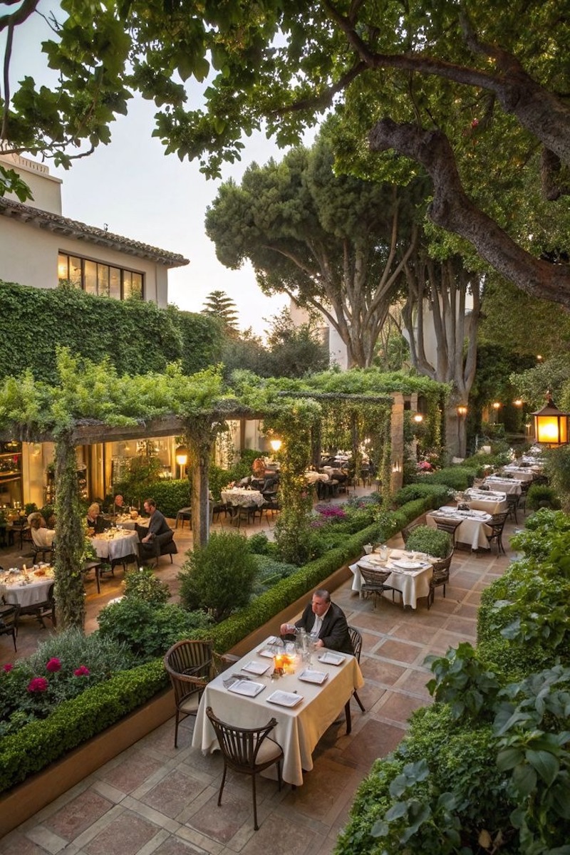 Thiết kế sân vườn nhà hàng nên sử dụng cây thấp quanh lối đi để định hướng khách di chuyển và tạo cảm giác không gian rộng rãi