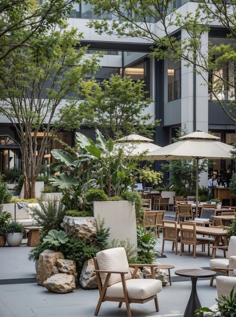 Nhà hàng sân vườn phù hợp với khách yêu thiên nhiên nhờ khu vực ngoài trời thoáng mát, cây xanh và tiểu cảnh đa dạng