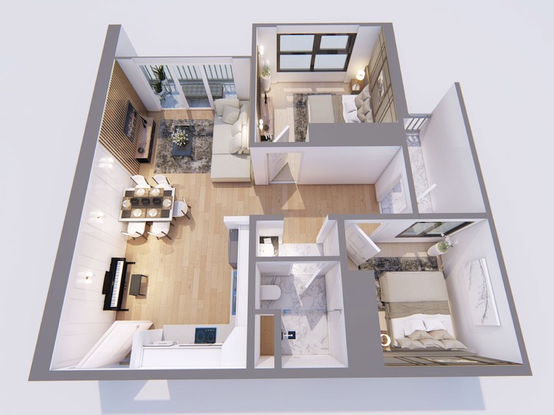 Phối cảnh nội thất chung cư 2 phòng ngủ 45m2