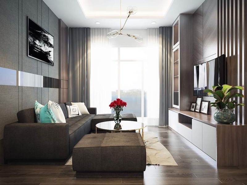 Điểm nhấn của phòng khách là chiếc đèn chùm tinh tế, mang lại vẻ đẹp sang trọng và tạo bầu không khí ấm cúng