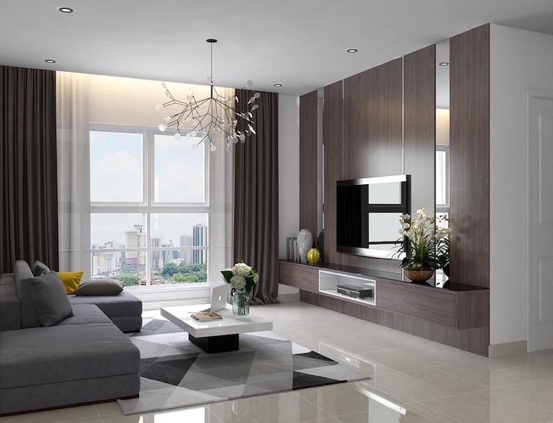 Phòng khách hiện đại với ánh sáng tự nhiên tràn ngập và đèn chùm độc đáo tạo điểm nhấn sang trọng