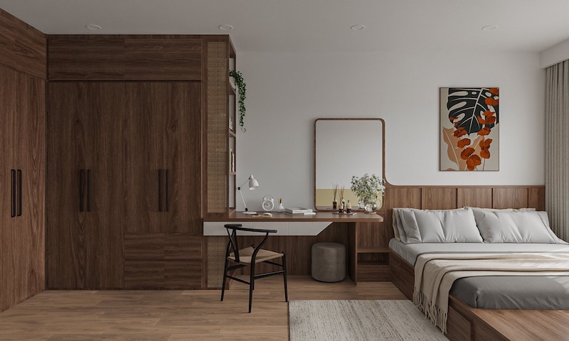 Hệ tủ gỗ ấm, góc làm việc liền mạch và ánh sáng tự nhiên tạo cảm giác an yên 