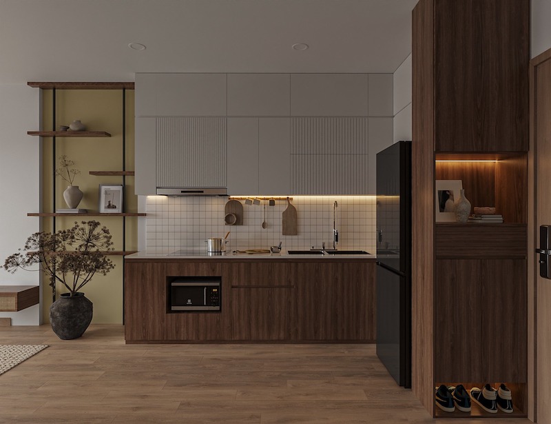 Hệ tủ gỗ đồng bộ, nhiều ngăn lưu trữ giúp gian bếp gọn gàng và tối ưu hóa công năng sử dụng