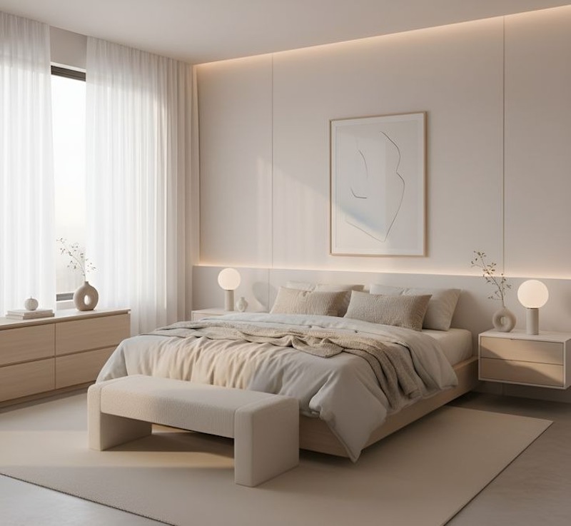 Phòng ngủ tone kem nhẹ nhàng, ánh sáng mềm và nội thất tối giản mang lại cảm giác thư thái
