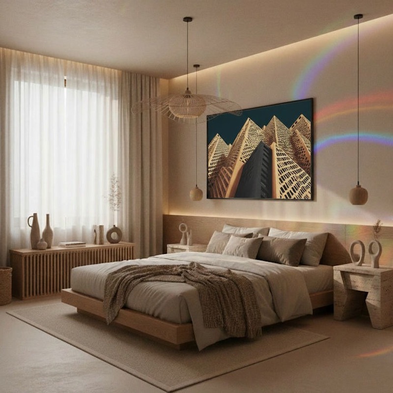 Bức tranh nghệ thuật và đèn chùm độc đáo trở thành điểm nhấn ấn tượng, nâng tầm thẩm mỹ cho không gian ngủ