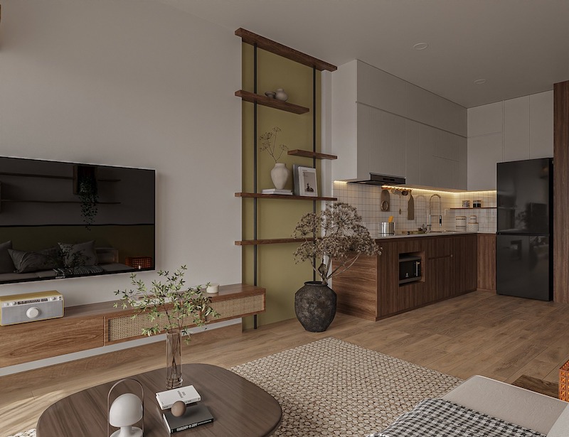 ​​Không gian mở giữa phòng khách và bếp tạo sự thông thoáng, kết hợp kệ tủ gỗ và ánh sáng ấm mang lại cảm giác hiện đại, gần gũi