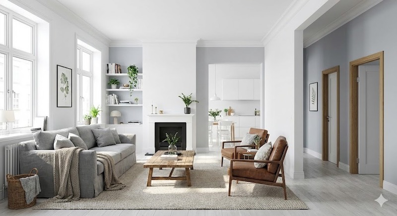 Bếp phong cách hiện đại với gam xám và trắng kết hợp cửa kính lớn giúp không gian luôn sáng và thoáng