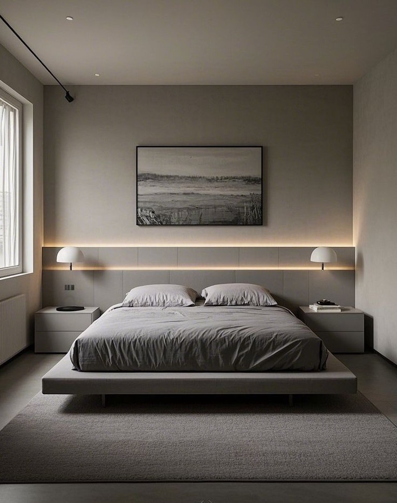 Phòng ngủ tối giản gam xám trung tính và đèn hắt đầu giường, tạo cảm giác an yên và rộng thoáng