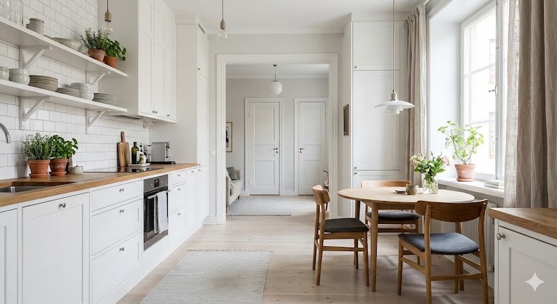 Vật liệu gỗ tự nhiên, kết hợp với hệ tủ bếp mở và bàn ăn gọn gàng tạo ra không gian sống thoáng đãng, gần gũi và tiện nghi