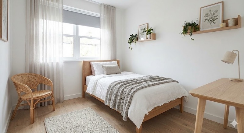 Không gian phòng ngủ với tông màu sáng nhẹ nhàng và ánh sáng tự nhiên từ cửa sổ, mang lại cảm giác thư giãn, thoải mái và rộng rãi