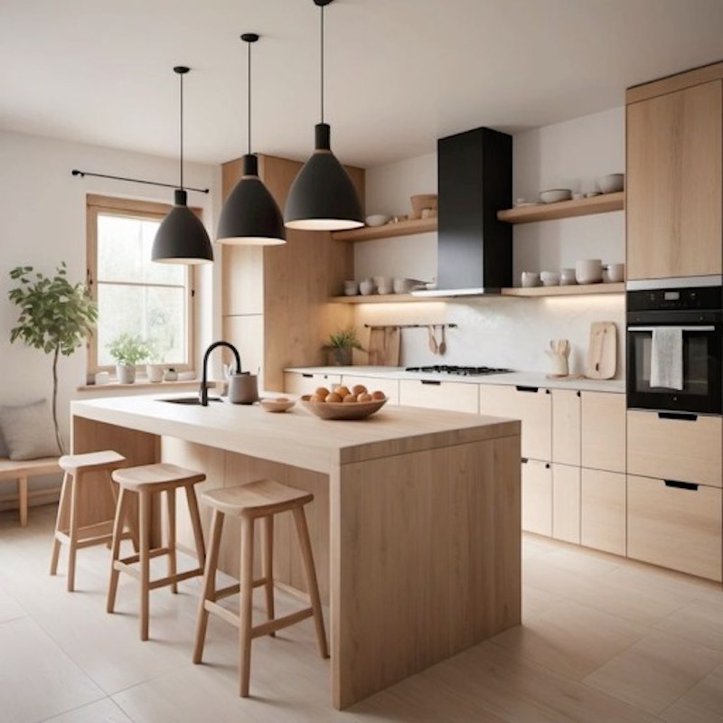 Không gian bếp tối giản với tông màu gỗ nhẹ nhàng, kết hợp ánh sáng hiện đại tạo nên không gian ấm cúng và thanh lịch