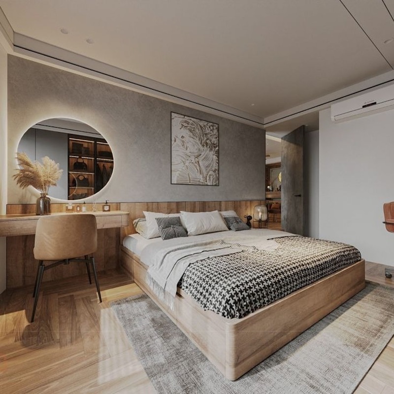 Phòng ngủ master tone gỗ ấm cùng tạo không gian thư giãn và sang trọng
