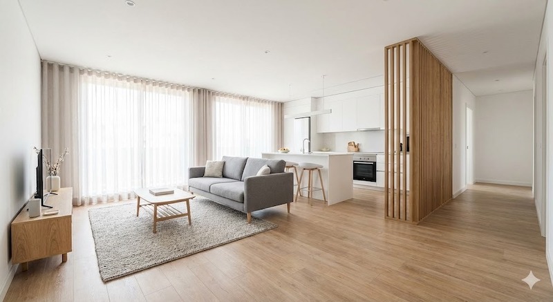 Không gian bếp và phòng khách liên thông, kết hợp đảo bếp phân tách nhẹ, giúp căn hộ trông rộng rãi và thoáng sáng hơn