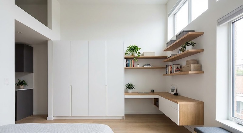 Hệ tủ cao sát trần tạo thêm không gian lưu trữ mà không chiếm dụng nhiều diện tích sàn