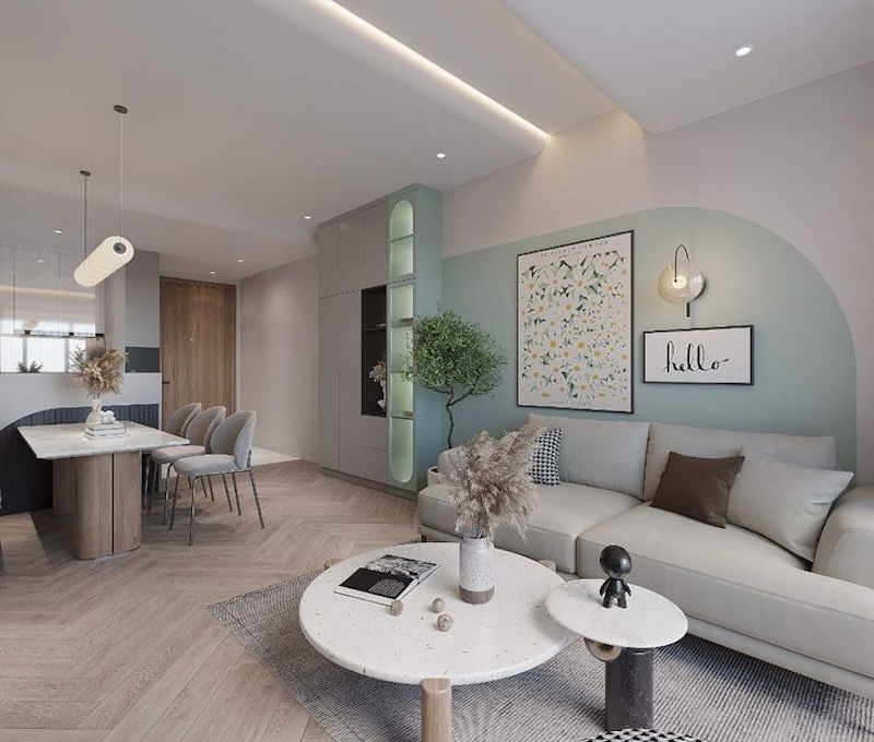 Không gian phòng khách hiện đại với gam màu nhẹ nhàng, tạo cảm giác thoải mái và ấm cúng