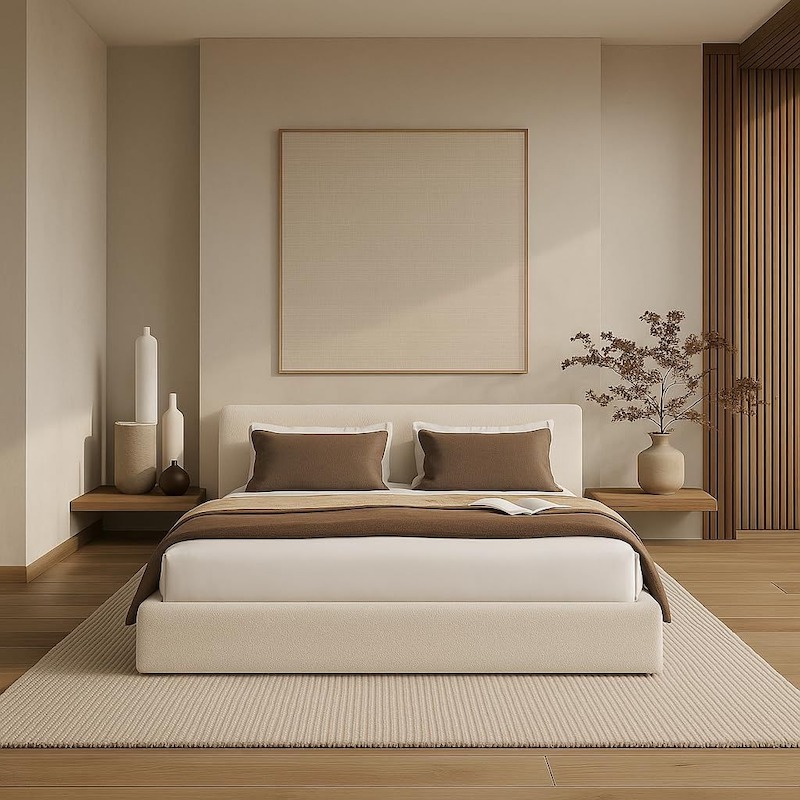 Màu sắc phòng ngủ trung tính tạo cảm giác thư giãn và ấm áp, là không gian lý tưởng để nghỉ ngơi và thư thái