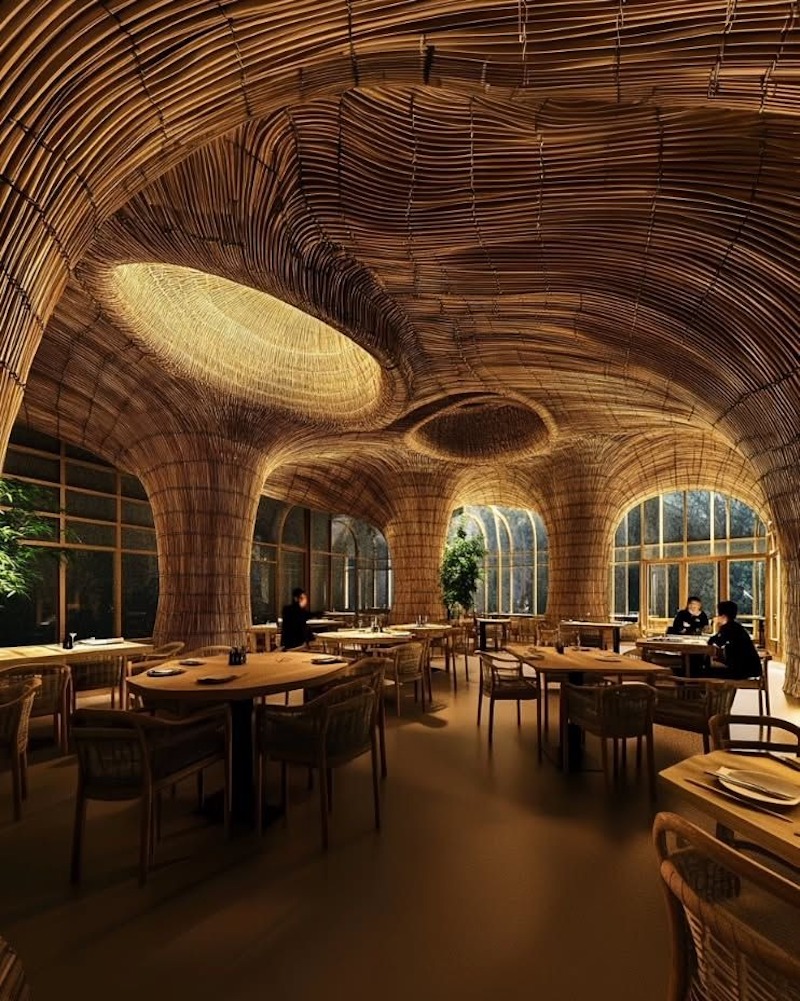 Thiết kế nhà hàng bằng tre mang lại không gian mộc mạc, gần gũi thiên nhiên, tạo cảm giác thư thái cho thực khách mỗi khi bước vào