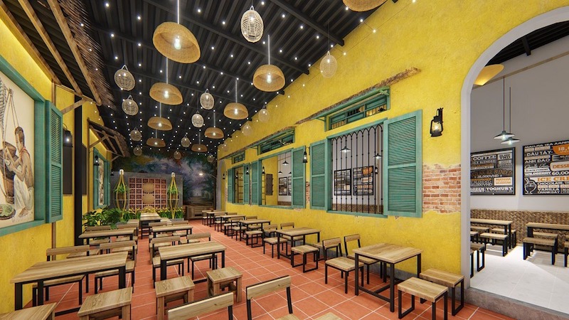 Thiết kế quán ốc tối giản, đa công năng tập trung vào bố cục gọn gàng, bàn ghế linh hoạt và vật liệu dễ vệ sinh, tối ưu không gian vận hành