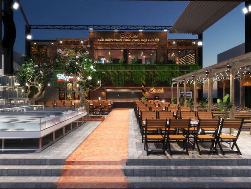 Thiết kế quán ốc vỉa hè kiểu hiện đại ưu tiên bố trí gọn gàng, bàn ghế nhẹ, tạo không gian thoáng, sạch sẽ và thu hút khách trẻ