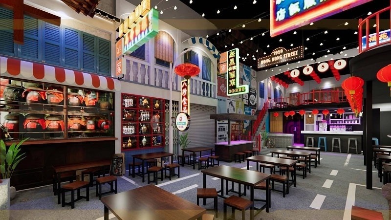 Quán ốc kiểu Hong Kong ưu tiên bố trí bàn ghế đơn giản, linh hoạt, giúp khách dễ di chuyển, tận hưởng trải nghiệm ăn uống vui nhộn và sôi động