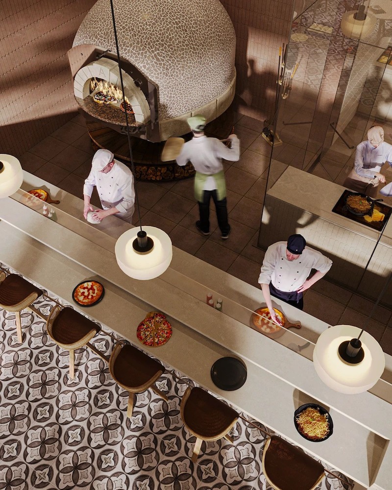 Thiết kế truyền thống ưu tiên tông màu ấm, kết cấu thô và cảm giác “handmade”, tạo điểm nhấn chân thật cho hành trình thưởng thức pizza của thực khách  
