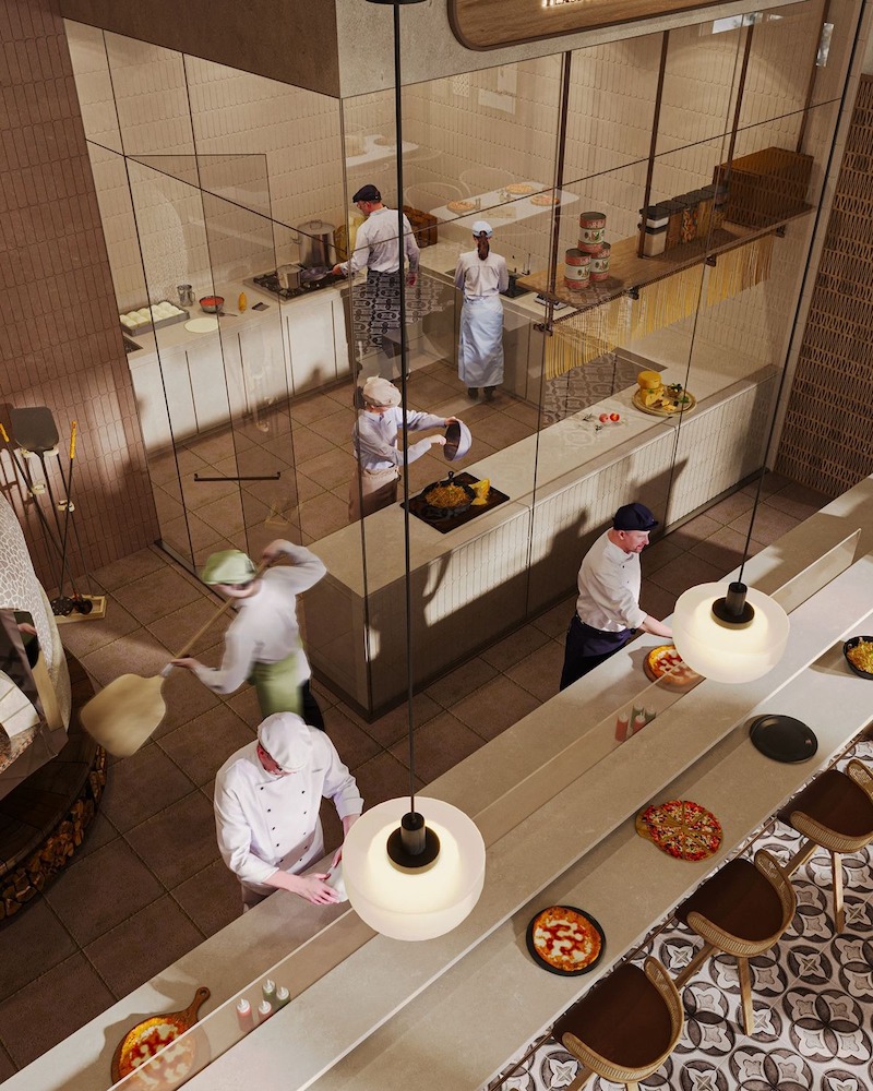 Thiết kế quán pizza phong cách hiện đại chú trọng đường nét tinh gọn, vật liệu mới và ánh sáng thông minh, tạo không gian trẻ trung, năng động và thu hút khách hàng  