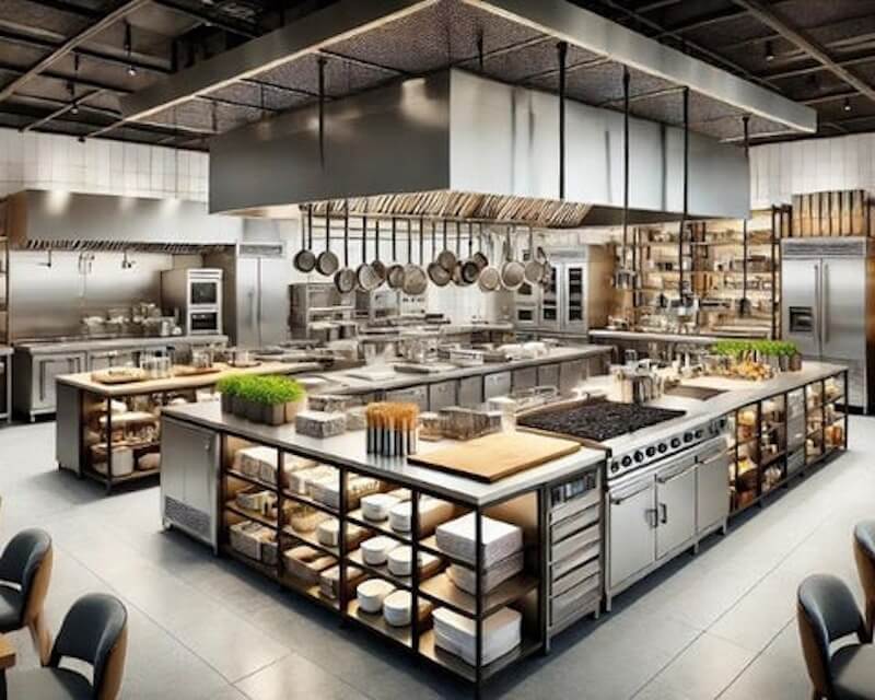 Bếp đảo trung tâm được tổ chức theo mô-đun độc lập, với các mặt thao tác bố trí liên tục quanh lõi thiết bị nấu, cho phép nhiều đầu bếp làm việc song song mà không chồng chéo