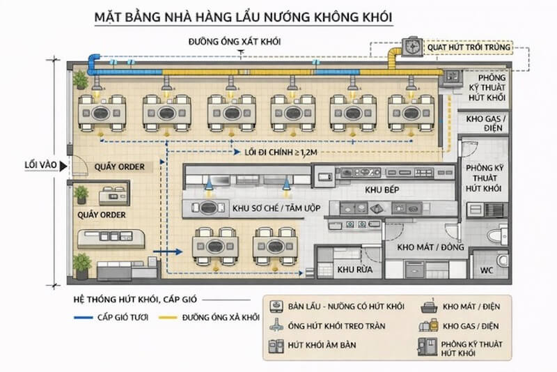 Mặt bằng nhà hàng lẩu nướng không khói được tổ chức theo trục dọc, lối đi chính ~1,2m chạy xuyên khu khách, bàn ăn tích hợp hút khói tại bàn nối ống treo trần về trục xả trung tâm, trong khi khu sơ chế - bếp - rửa bố trí liên hoàn phía sau và toàn bộ hệ hút khói, gas, điện được tập trung về khu kỹ thuật để kiểm soát mùi, nhiệt và an toàn vận hành