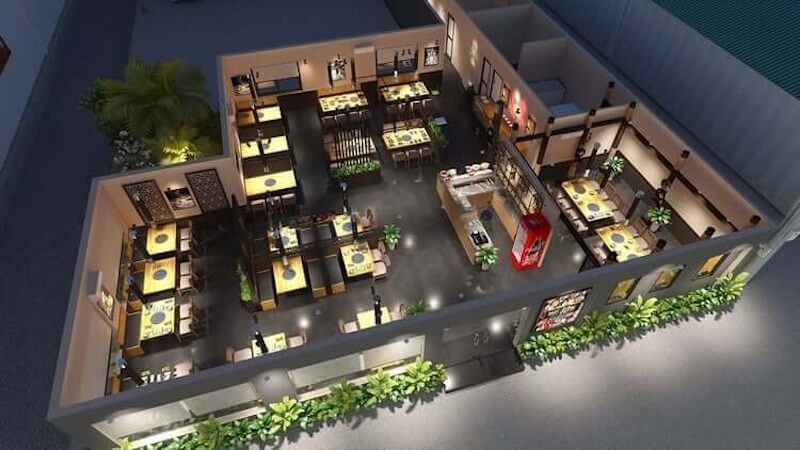Bản vẽ phối cảnh 3D cho thấy rõ mối quan hệ không gian giữa các khu chức năng trong tổng thể nhà hàng, tạo cảm giác liên hoàn nhưng vẫn phân định rõ ràng