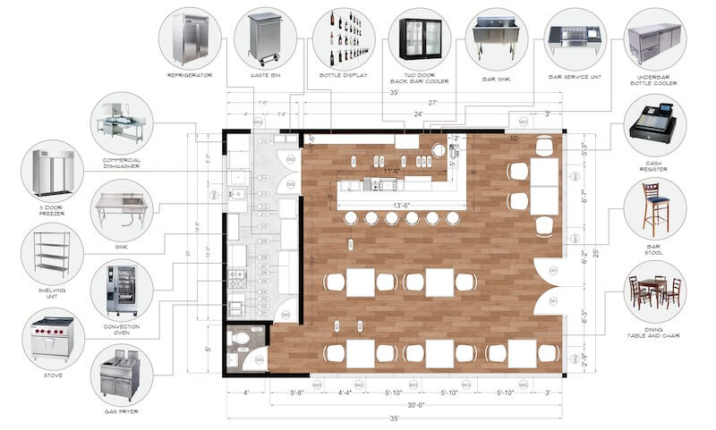 Bản vẽ thể hiện mặt bằng với kích thước tổng thể khoảng 35’ x 30’-6”, bố trí quầy bar dài 13’-6” ở trung tâm. Khu bếp tổ chức theo chuỗi thiết bị khép kín, lối làm việc tối thiểu 3’-4’. Khoảng cách giữa các cụm bàn ~5’-10”