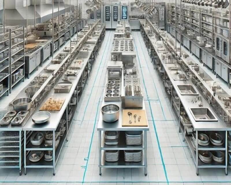 Không gian bếp công nghiệp bố trí theo dây chuyền song song, với các bàn thao tác đặt thẳng hàng, khoảng cách lối đi được kẻ vạch rõ ràng nhằm kiểm soát luồng di chuyển một chiều, giảm giao cắt giữa các công đoạn và tối ưu hiệu suất làm việc trong môi trường vận hành cường độ cao