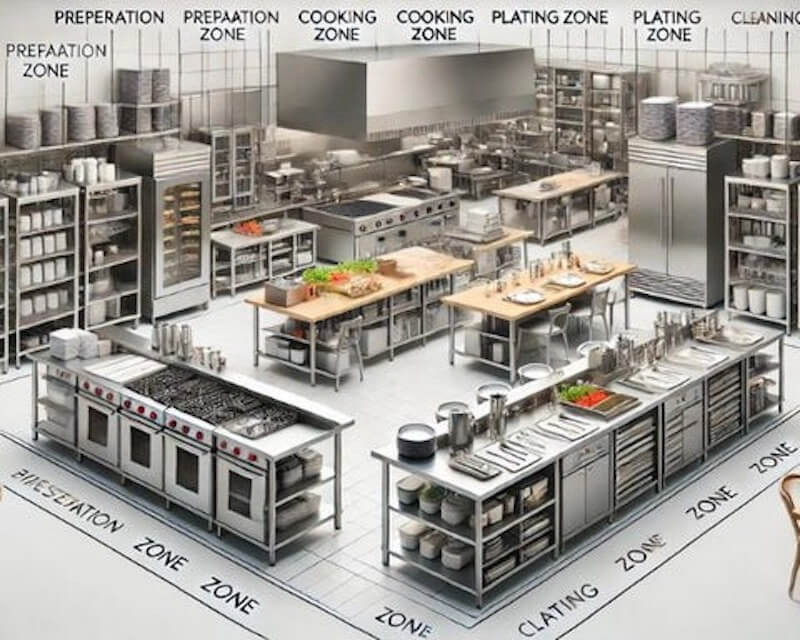 Bố trí bếp theo mô hình phân khu (Zone Style): các khu Preparation - Cooking - Plating - Cleaning được tách ranh giới rõ ràng, kiểm soát vệ sinh an toàn thực phẩm và tối ưu vận hành