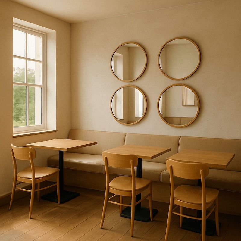 Chọn bàn ghế gấp gọn hoặc không lưng tựa giúp tiết kiệm diện tích, linh hoạt bố trí, dễ di chuyển, tối ưu số chỗ ngồi và không gian thoáng hơn 