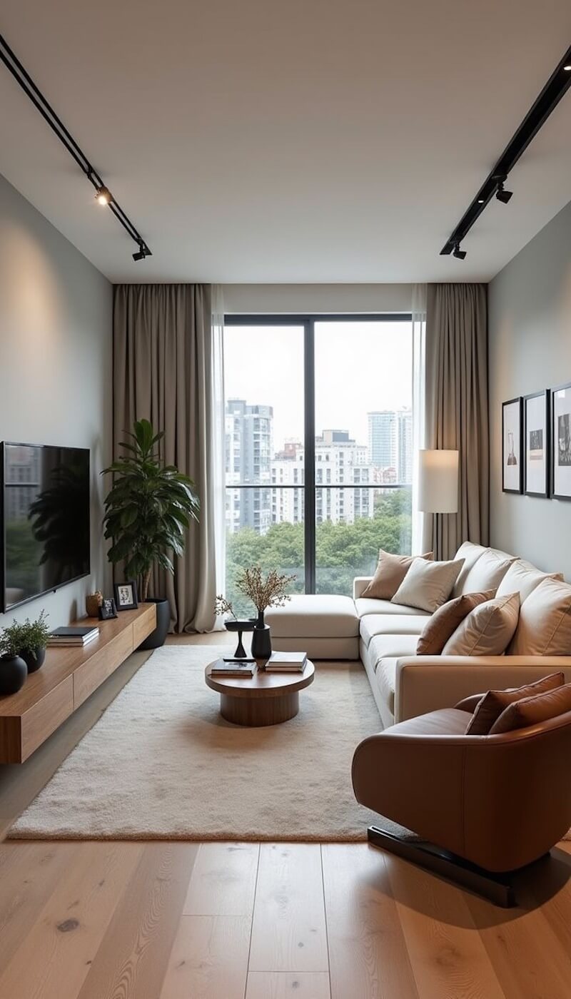 Nội thất hiện đại tích hợp nhiều công năng giúp phòng khách nhỏ gọn gàng mà vẫn đáp ứng nhu cầu sinh hoạt