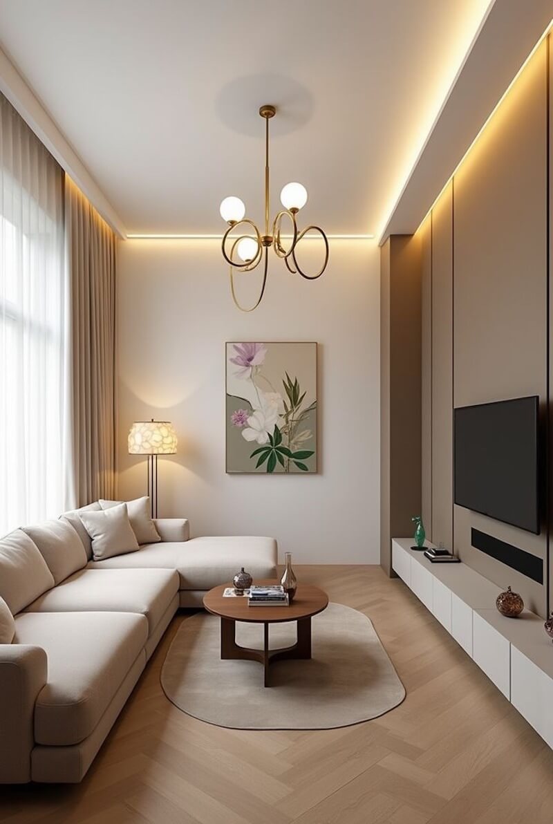 Phòng khách nhỏ phong cách Hiện đại thường hạn chế decor, chỉ chọn vài điểm nhấn tinh tế để tránh rối mắt