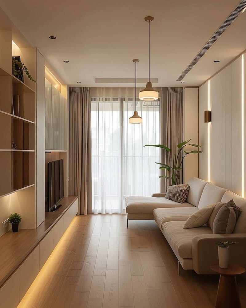 Phòng khách nhỏ phong cách Hiện đại ưu tiên vật liệu trơn, bề mặt phẳng và màu sắc đồng nhất để tạo cảm giác gọn gàng, dễ phối nội thất