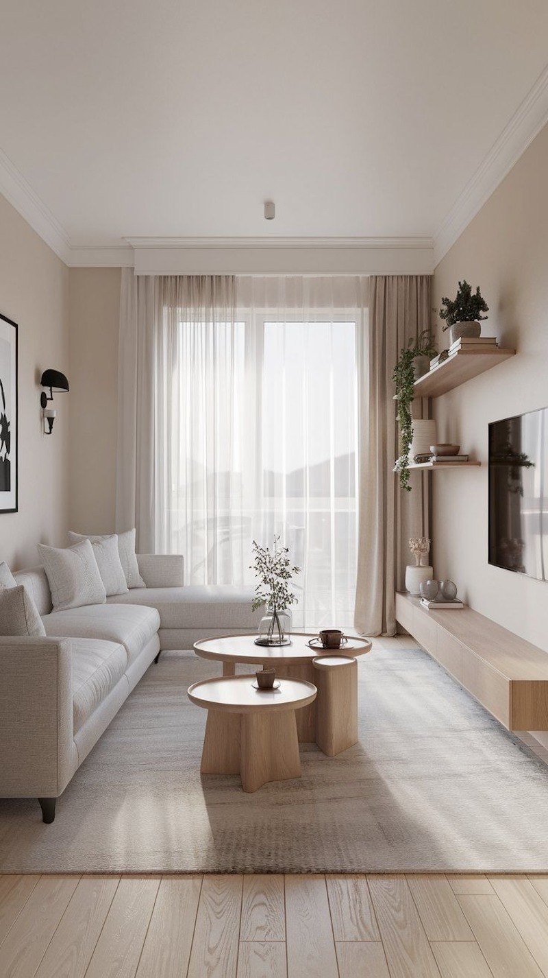 Vật liệu được dùng có chủ ý, mỗi bề mặt đều mang vai trò rõ ràng, tránh cảm giác thừa thãi trong phòng khách diện tích nhỏ