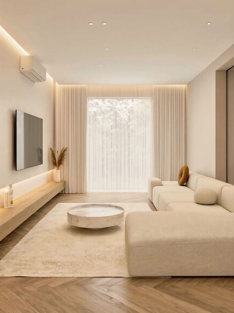 Màu sắc trong phòng khách Minimalism được kiểm soát chặt, thường chỉ một đến hai tông xuyên suốt không gian