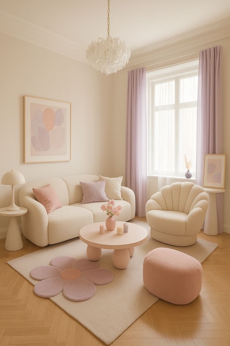 Các gam pastel như hồng phấn, xanh mint, tím nhạt giúp phòng khách nhỏ mang lại cảm giác mềm mại, dễ thương và phù hợp cá tính nữ