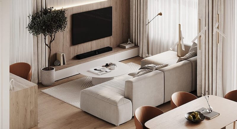 TV treo tường giúp giải phóng diện tích sàn, giảm cảm giác chật chội, bố cục gọn gàng hơn và tạo hiệu ứng không gian thoáng, hiện đại cho phòng khách nhỏ