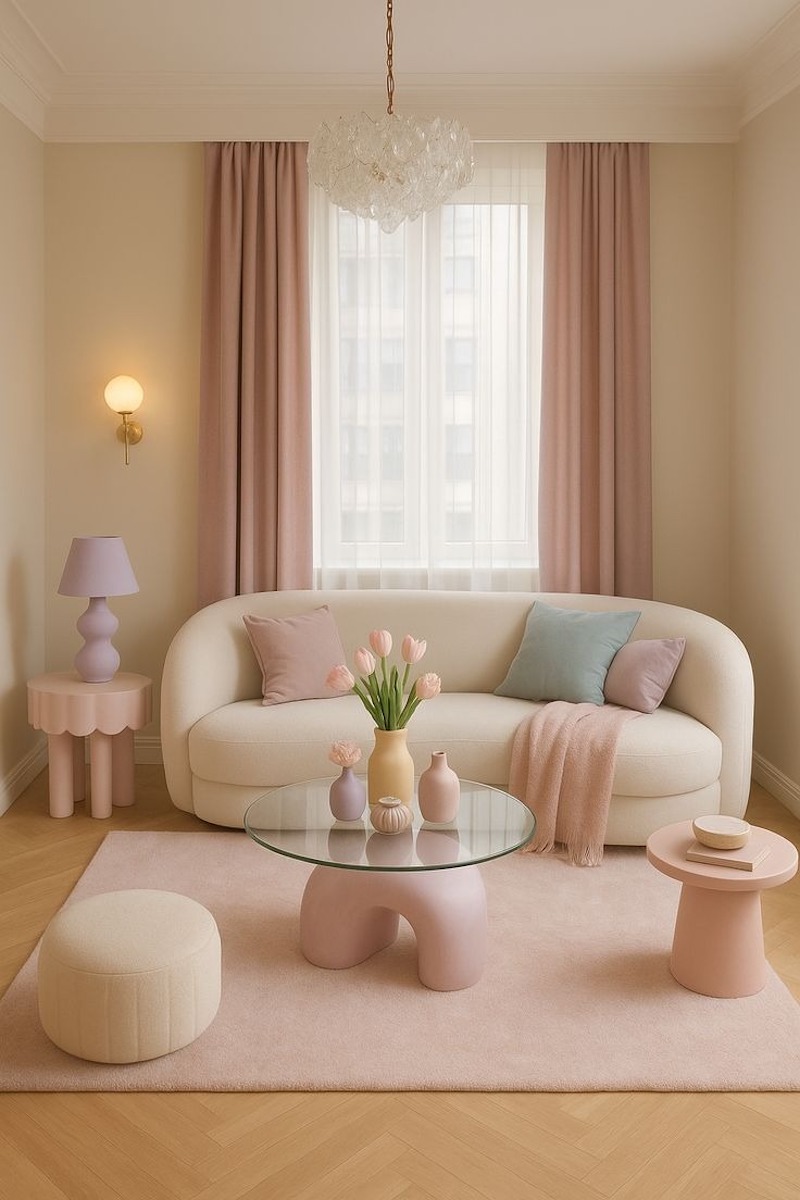 Phòng khách kẹo ngọt thường dùng màu sắc để phân chia khu vực thay cho vách ngăn, giúp không gian nhỏ không bị chia cắt cứng nhắc