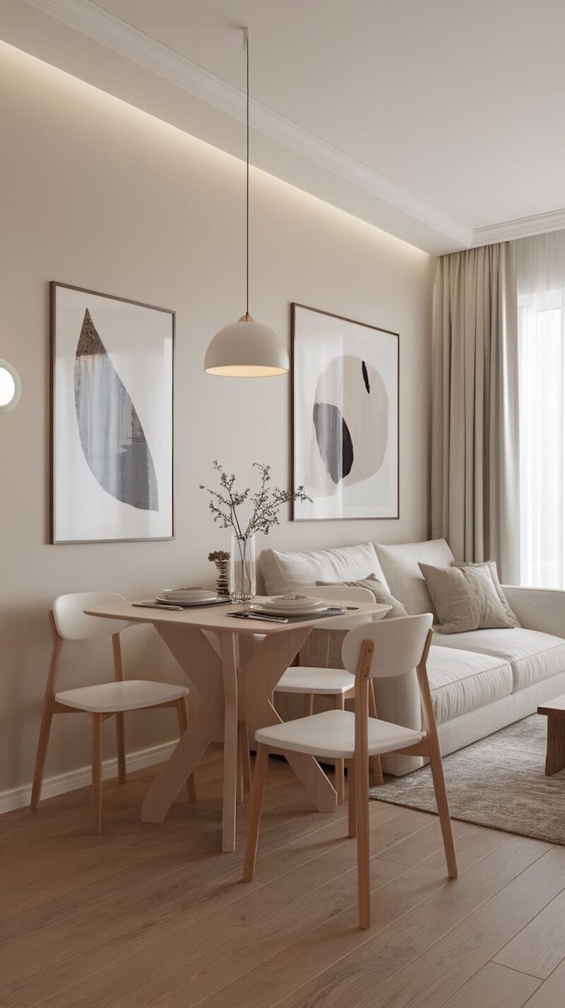 Gam màu trung tính kết hợp ánh sáng tự nhiên giúp phòng khách nhỏ hiện đại trông rộng rãi và dễ chịu hơn