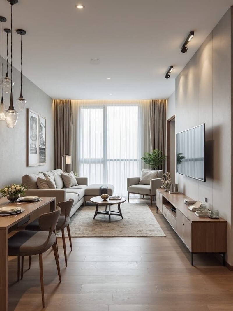 Kệ tivi treo tường mang lại cảm giác nhẹ nhàng, tối ưu không gian cho phòng khách nhỏ hiện đại